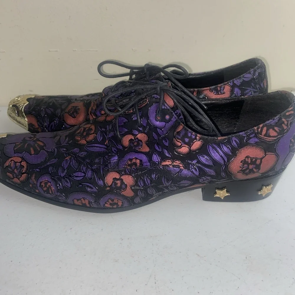 CH KWOK Mens Pointed Toe Floral Gold Cap Shoes Leather Nightclub Party Sz46 12 - Picture 4 of 12
